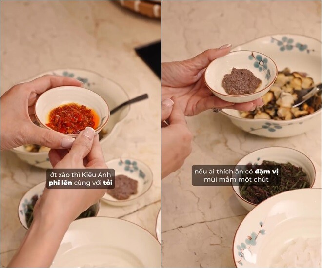 Ớt xào thì Kiều Anh phi lên cùng  tỏi, ớt khô, ớt tươi và một chút xíu màu điều. Nếu ai thích ăn có đậm vị mùi mắm một chút thì chúng ta cho mắm tôm, người đẹp chia sẻ.
