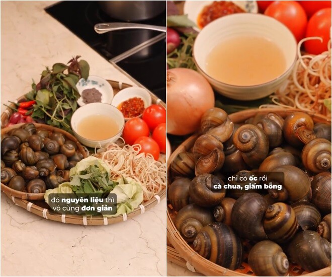 Cô đã chuẩn bị sẵn các nguyên liệu cho món bún ốc Hà Nội chuẩn vị: Nguyên liệu thì vô cùng đơn giản, chỉ có ốc rồi cà chua, giấm bỗng... Không thể thiếu các loại rau và gia vị đặc trưng ăn kèm.