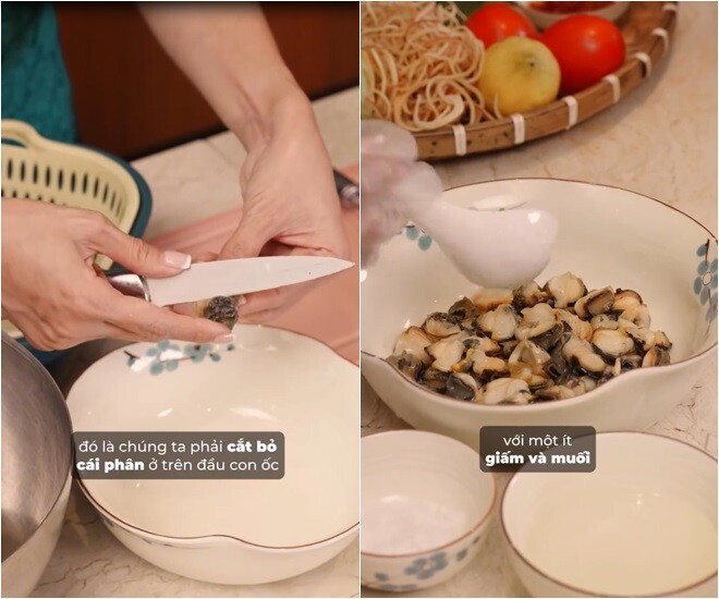 Chỉ luộc ốc từ 5 đến 6 phút, nếu không ốc sẽ bị dai và không còn độ giòn nữa. Luộc xong, Hà Kiều Anh làm sạch ốc, bỏ phân ở trên đầu ốc. Cô cho rằng: Nếu mà đi ra ngoài tiệm ăn, ít khi nào ai có thời gian để làm sạch con ốc như mình làm ở nhà.