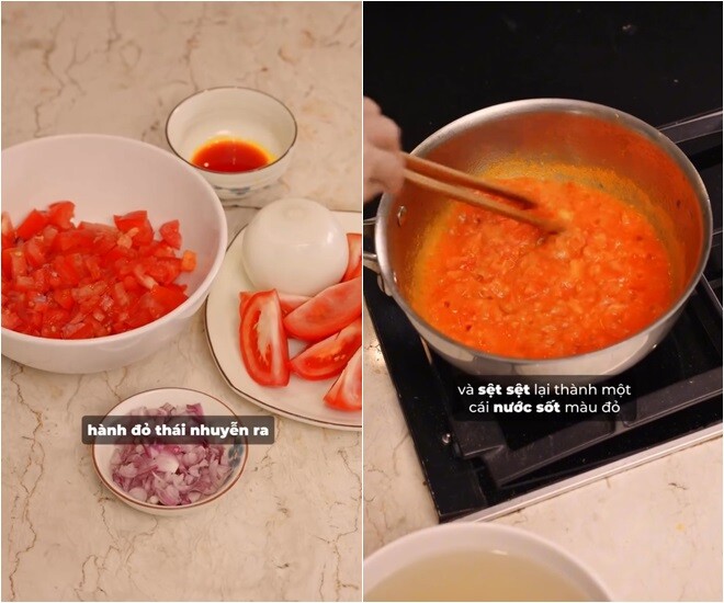 Tiếp đó, Hà Kiều Anh tiến hành nấu nước dùng với các nguyên liệu: Hành đỏ thái nhuyễn, cà chua xắt hạt lựu, màu điều, giấm bỗng và cà chua thái múi cau cùng với một củ hành tây. Đầu tiên chúng ta sẽ cho một ít dầu ăn vào, sau đó cho hành vào. Chúng ta sẽ xào cà chua hạt lựu trước. Cà chua hạt lựu này khi nó mềm nát ra sẽ làm cho nước dùng ốc của chúng ta có cái màu đỏ rất là tự nhiên, cô cho biết.