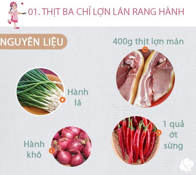 Chuẩn bị: 400g thịt ba chỉ lợn mán, 1 quả ớt sừng, 1 củ hành khô, hành lá, nước mắm, xíu dầu ăn, xíu đường.