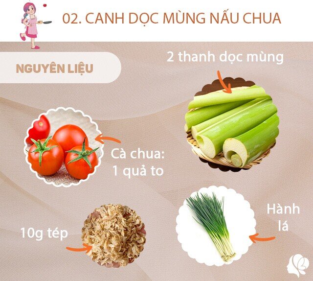 Nguyên liệu: dọc mùng, cà chua, muối, dầu ăn, hành khô, tép khô, sấu, nước, hành lá.