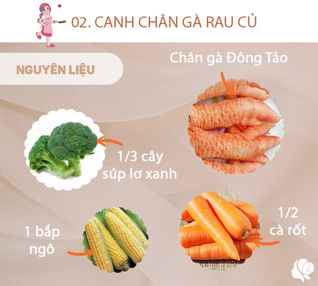 Chuẩn bị: 1 bắp ngô ngọt, 1/2 củ cà rốt, 1/3 cây súp lơ xanh, hành khô, muối vừa ăn, 200g chân gà Đông Tảo, muối.