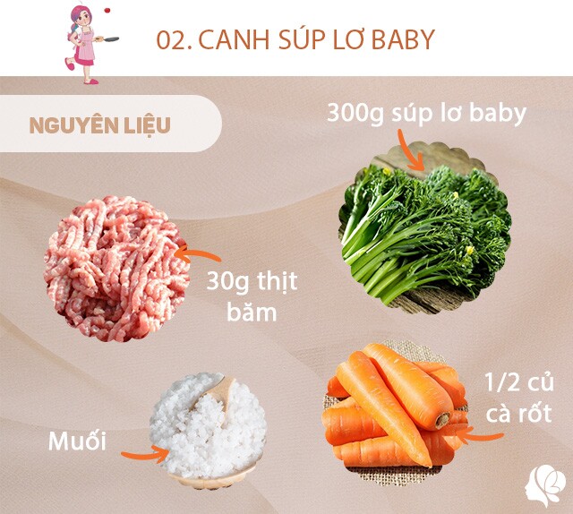 Chuẩn bị: 300g súp lơ baby nhặt và rửa sạch; 1/2 củ cà rốt gọt vỏ, rửa sạch, cắt hình hoa; 30g thịt băm, muối, dầu ăn, hành khô.