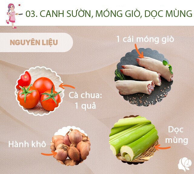 Chuẩn bị: 1 cái móng giò, chặt miếng vừa ăn; 200g sườn, hành khô; 2 cây dọc mùng tước sạch vỏ, cắt chéo, bóp với muối rồi rửa sạch; 1 quả cà chua, hành lá, muối, dầu ăn.