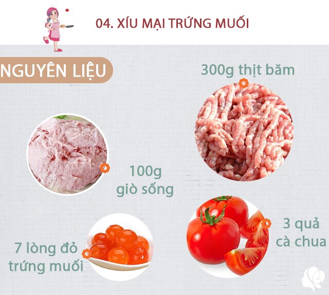 Nguyên liệu: 300g thịt heo xay, 100g giò sống, 7 lòng đỏ trứng vịt muối, miến và mộc nhĩ (ngâm nở, băm nhỏ), 3 quả cà chua (băm nhỏ). Hành lá, ớt, hành phi, tỏi băm, hành tím băm. Gia vị: dầu ăn, hạt nêm, đường, nước mắm, tương ớt, tương cà, tiêu, muối.