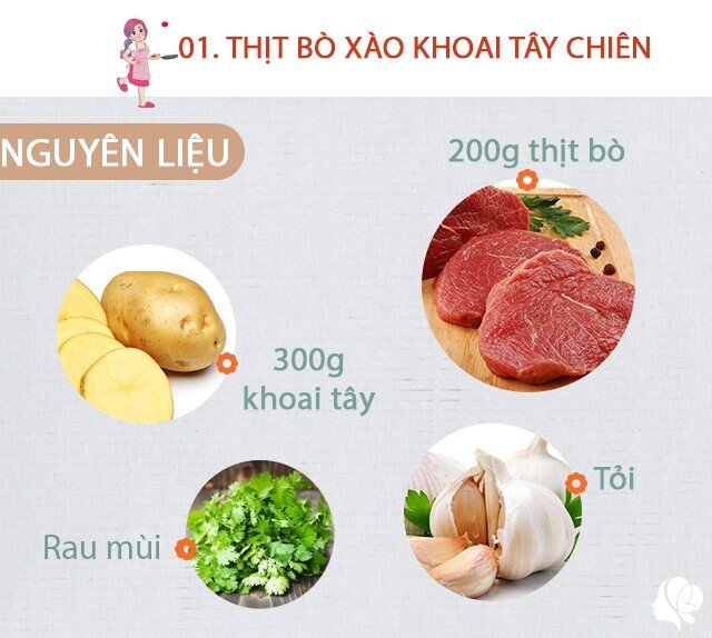 Chuẩn bị: 200g thịt bò, tỏi, 300g khoai tây, 1/4 quả ớt chuông vàng và đỏ, dầu hào, đường, dầu ăn, gừng, muối, rau mùi, tiêu.