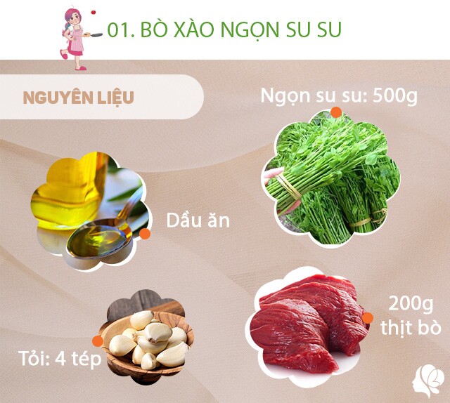 Chuẩn bị: 200g thịt bò, 4 tép tỏi, 500g ngọn su su, dầu ăn, muối.