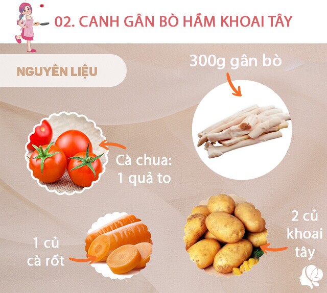 Chuẩn bị: 300g gân bò, 1 quả cà chua, 1 củ cà rốt, 2 củ khoai tây, gừng, tỏi, muối.
