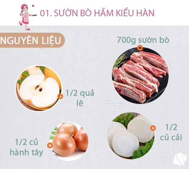 Chuẩn bị: 700g sườn bò, 1 củ cải trắng, 1/4 quả lê, 1 củ cà rốt, 1/2 củ hành tây cỡ vừa, 4 tép tỏi, 2 củ khoai tây, hành boa rô, nước tương, dầu mè, đường, hạt nêm/muối.