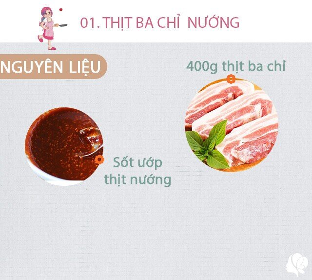 Chuẩn bị: 400g thịt ba chỉ, gia vị sốt ướp thịt nướng (mua sẵn).