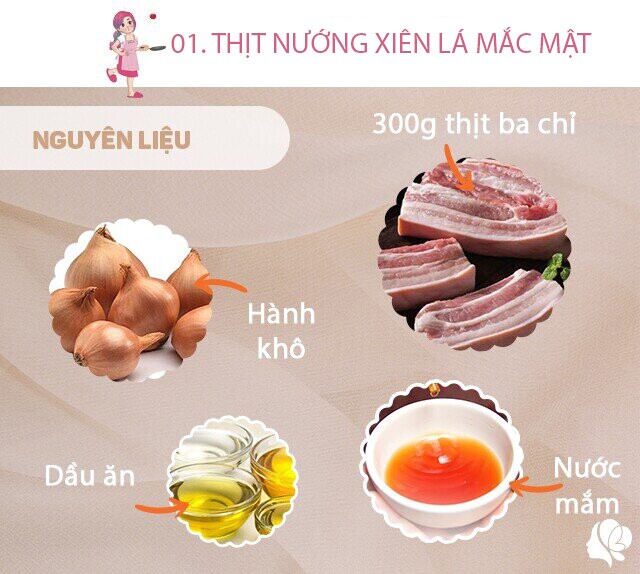 Chuẩn bị: 300g thịt ba chỉ thái miếng mỏng, nước mắm, dầu ăn, mì chính, hành khô, lá mắc mật, vừng trắng rang.