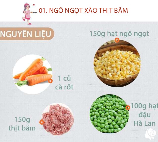 Chuẩn bị: 150g hạt ngô ngọt, 1 củ cà rốt, 150g thịt băm, 100g hạt đậu Hà Lan, dầu ăn, hành khô băm nhỏ, muối.