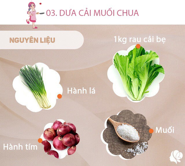Chuẩn bị: - 500 cải bẹ - 2 củ hành tím - Một ít hành lá - Gia vị: 20g muối; 60g đường; 30ml giấm