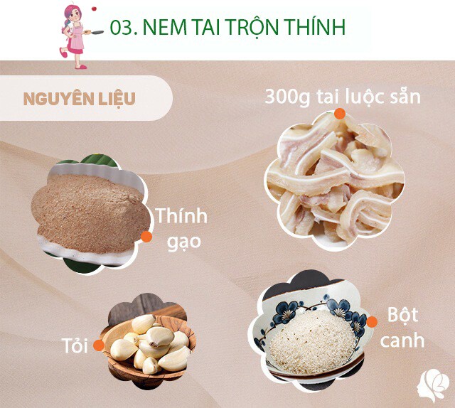 Nguyên liệu làm nem tai: 300g tai heo luộc chín, thái sẵn; 100g thính gạo; 1 muỗng cà phê nước mắm; 1 muỗng cà phê bột canh; 1 muỗng cà phê đường; 1 củ tỏi; 3 quả ớt; 5-7 lá chanh.