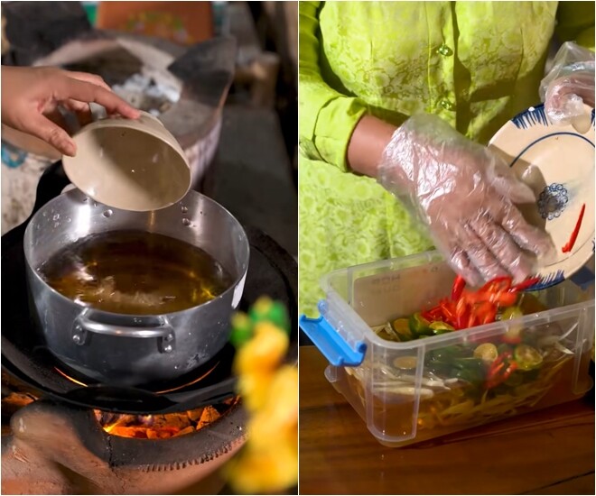 Quan trọng nhất, phần nước ngâm gồm mắm, đường, giấm, bột ngọt phải được nấu sôi và để cho thật là nguội thì mới được ngâm nha, để cái nước nó còn nóng là nó sẽ bị nhớt liền.