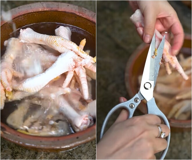 Khác với nhiều người chuộng gà ta, nghệ sĩ Ngân Quỳnh khẳng định: Làm cái món này, mình thấy ngon nhất là nên làm chân gà công nghiệp nha. Lựa cái chân nào mà nó mập mập, trắng tươi vầy nè, thì thịt nó mới nhiều. Chứ lựa cái chân gà ta, nó ốm teo, chắc ngậm toàn xí quách không á.