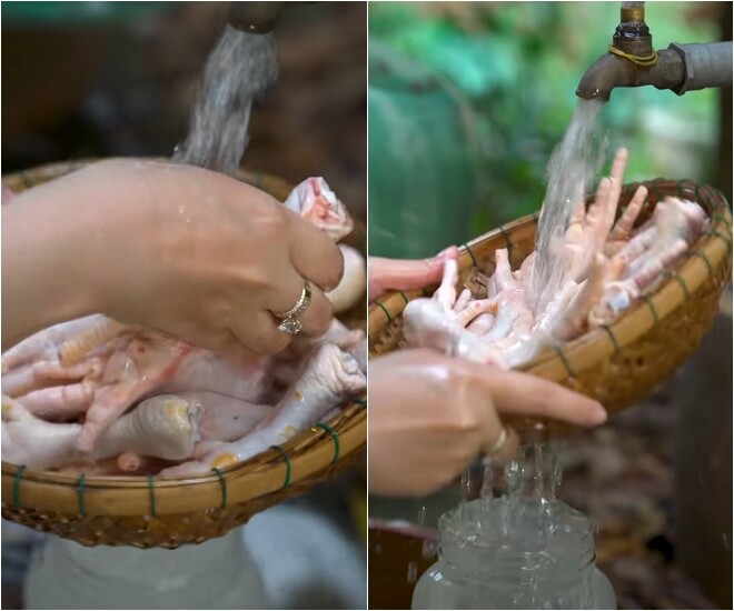 Những chiếc chân gà công nghiệp trắng tươi được cắt, rửa sạch sẽ, ngâm với nước muối để khử hết mùi và rửa lại, sau đó để thật ráo nước .