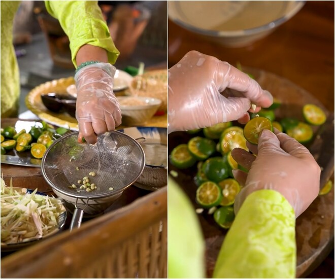 Tắc (quất) một nửa vắt lấy nước, một nửa xắt lát. Nghệ sĩ Ngân Quỳnh rất tỉ mỉ trong khâu sơ chế để món ăn không bị đắng hay nhớt. Cô lưu ý các chị em khi làm tắc phải lể cái hột ra cho sạch nha mấy bà, chứ không thôi ăn vô một cái là nó đắng thấu trời luôn.