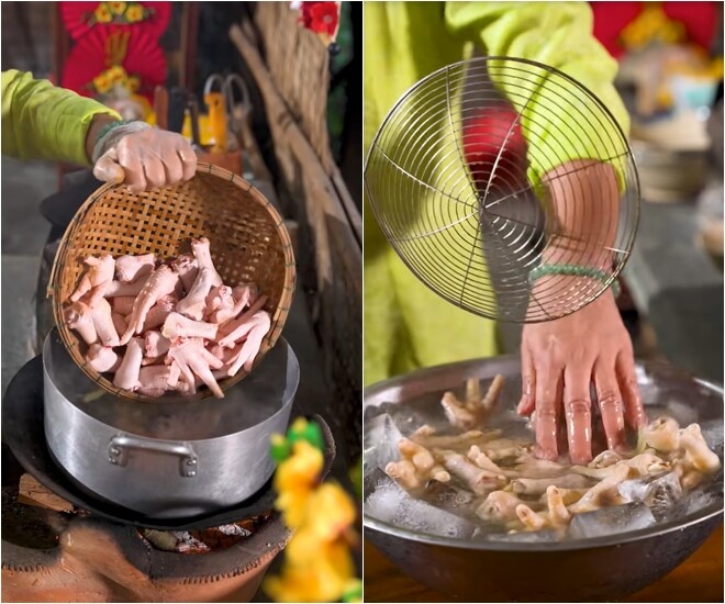 Bí quyết để chân gà giữ được độ giòn sần sật chính là khâu luộc với gừng để khử mùi, sau đó thảy vô cái thau nước đá liền. Nghệ sĩ cho hay: Đừng có luộc lâu quá là bở rệt, nó không có ngon đâu.