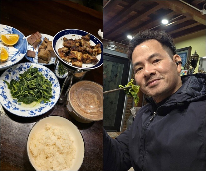 Nhìn vào mâm cơm của NSND Xuân Bắc, có thể thấy sự chăm chút của nóc nhà dành cho anh. Dù là cơm nguội, nhưng thực đơn lại rất phong phú và cân bằng dinh dưỡng. Có đĩa rau luộc xanh mướt được anh giới thiệu là vườn nhà thật xanh non, đảm bảo tiêu chí sạch và tươi. Có giò bò thơm thảo được bạn tặng, là món ăn đưa cơm đặc trưng của người miền Bắc.