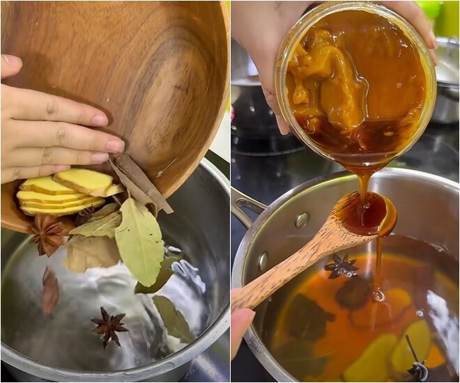Tiếp đó, nữ diễn viên chuẩn bị nước ngâm gồm có hoa hồi, quế, lá nguyệt quế, gừng... pha cùng muối, đường, giấm. Đem đun sôi rồi tắt bếp, để nguội hoàn toàn rồi mới ngâm.