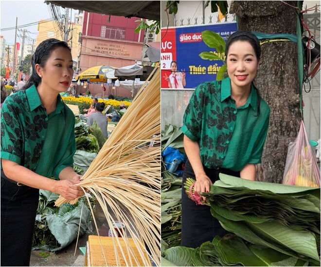 NSND Trịnh Kim Chi đảm đang trong mọi khâu từ đi chợ mua lá, mua lạt và các nguyên liệu đến tự tay gói nên những chiếc bánh vuông vức, xinh xắn.