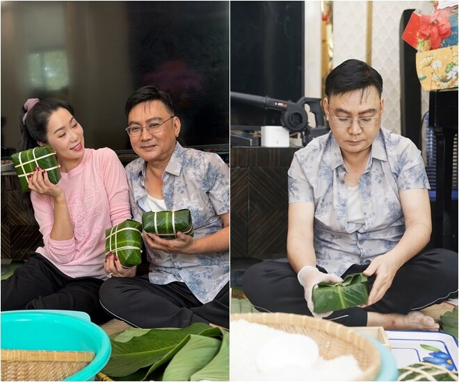 Cả Trịnh Kim Chi lẫn ông xã và các con đều trực tiếp gói bánh chưng vuông kiểu miền Bắc. Nữ nghệ sĩ tự hào: Thành quả của gia đình em.