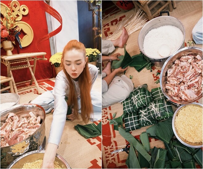 Ca sĩ Minh Hằng cũng tự tay gói bánh. Cô dí dỏm: Gái đảm ngày cận Tết… Tết xin phép được nằm dài ra làm biếng miếng nha. Chứ mấy nay cổ vai gáy nó biểu tình dữ lắm rồi.