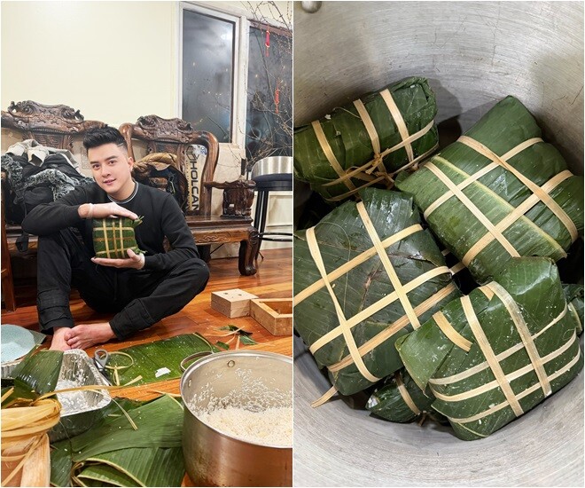 Cao Thái Sơn gói bánh hôm 14/2 và còn gửi lời tới em yêu của mình: Từ ngày yêu em, ngày nào với anh cũng là Valentine hết. Hôm nay mình anh nấu bánh chưng Tết. Tuy không đẹp xuất sắc nhưng đầy đủ nguyên vật liệu ngon thanh lành. Mai anh bay show và đón giao thừa trên máy bay và nhớ em. Cám ơn bản thân anh nỗ lực cố gắng cả năm đến giây phút này. Năm sau cố gắng hơn nữa nhé.
