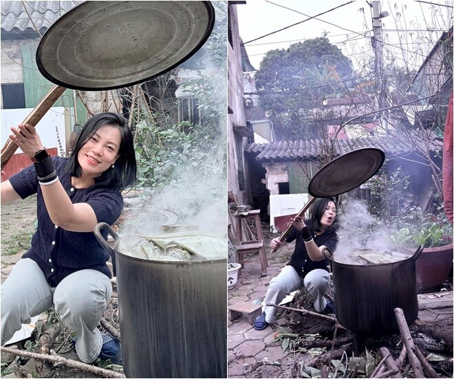 Vợ Xuân Bắc trông bánh chưng ngoài vườn trong khung cảnh ở quê và cho biết: Xong nồi bánh chưng là yên tâm.