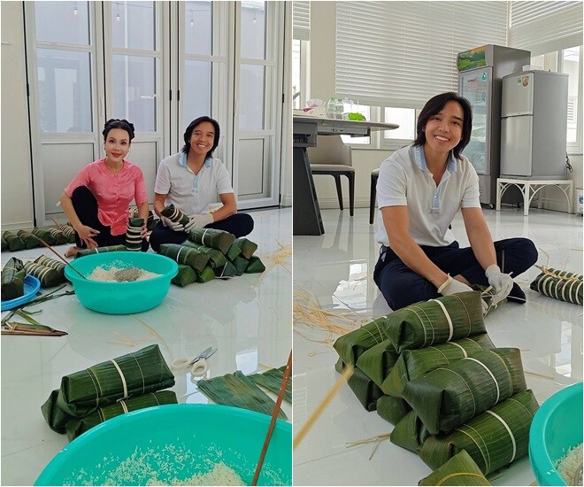 Việt Hương gói bánh đúng ngày sinh nhật chồng. Cô hóm hỉnh: Chúc mừng sinh nhật anh ấy, sinh nhật mà gói bánh tét là ngon lành! Lần đầu gói bánh nên chưa đẹp lắm, lát vớt bánh ra coi sao hé cả nhà.