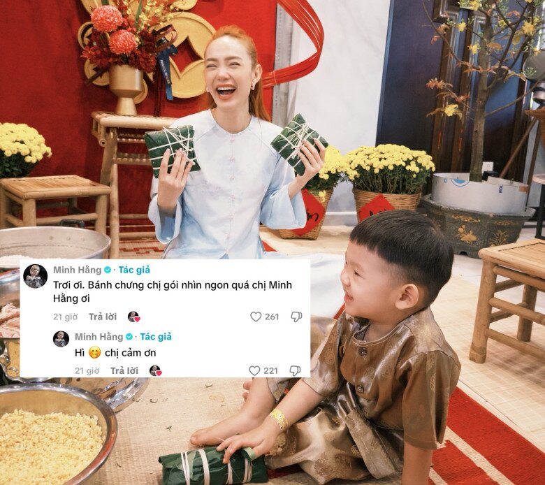 Tuy nhiên, đáng yêu nhất là khi nữ ca sĩ tự đóng giả fan bình luận trên fanpage của mình rằng: Trời ơi. Bánh chưng chị gói nhìn ngon quá chị Minh Hằng ơi rồi tự cảm ơn. Điều này ngay lập tức gây bão mạng. Khi được chia sẻ khắp các diễn đàn, bé Heo còn vào trêu: Ăn không? Chị không ship.