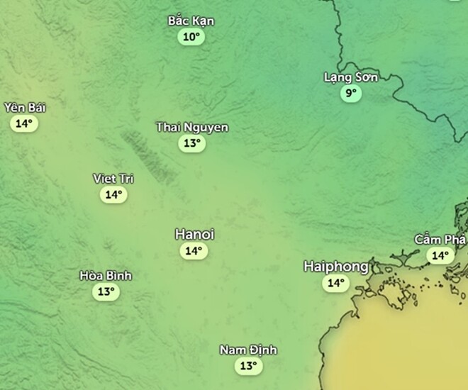 Dự báo nhiệt độ cảm nhận ở một số khu vực tại miền Bắc sáng mai, 3/2. Ảnh: Zoom Earth, OpenStreetMap, ICON.