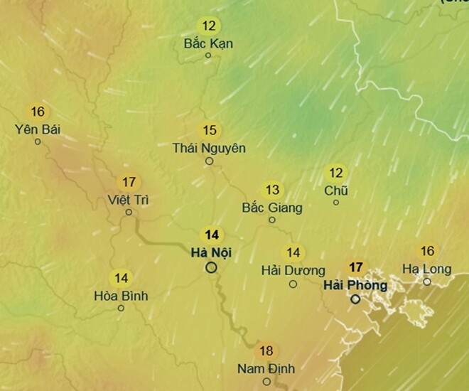 Dự báo nhiệt độ cảm nhận ở một số khu vực tại miền Bắc trưa ngày 8/2 (Chủ Nhật tới). Ảnh: Ventusky, ICON.