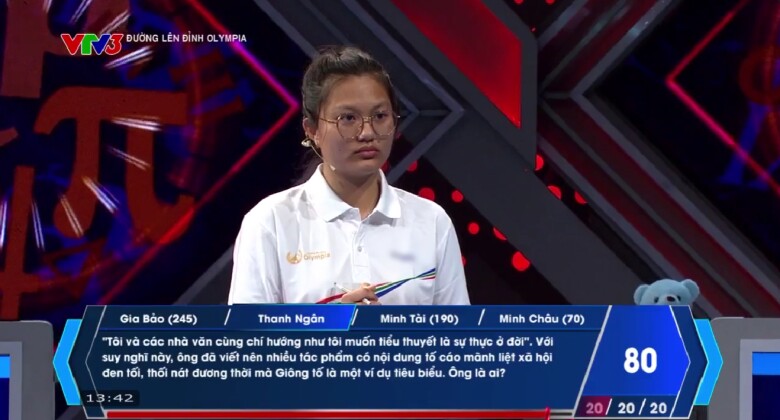 Người Về đích cuối cùng là Thanh Ngân với 1 câu trả lời đúng. Gia Bảo tiếp tục bấm chuông, đưa ra 1 đáp án đúng và 1 đáp án sai trong lượt thi của Thanh Ngân.   