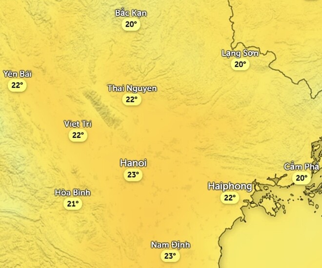 Nhiệt độ cảm nhận ở một số khu vực tại miền Bắc chiều nay, 12/1. Ảnh: Zoom Earth, OpenStreetMap, ICON.