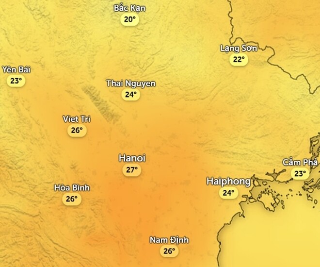 Nhiệt độ cảm nhận ở một số khu vực tại miền Bắc chiều nay, 16/1. Ảnh: Zoom Earth, OpenStreetMap, ICON.