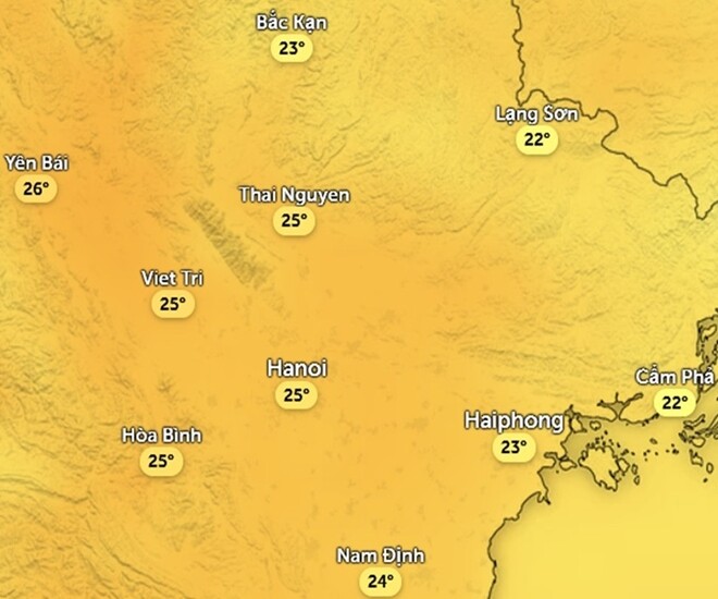 Nhiệt độ cảm nhận ở một số khu vực tại miền Bắc chiều nay, 20/1. Ảnh: Zoom Earth, OpenStreetMap, ICON.