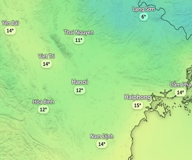 Dự báo nhiệt độ cảm nhận ở một số khu vực tại miền Bắc chiều mai, 22/1. Ảnh: Zoom Earth, OpenStreetMap, ICON.