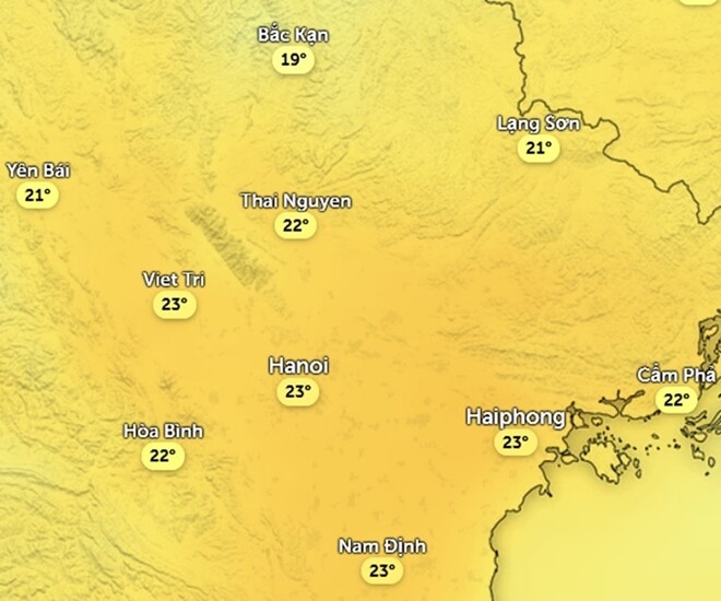 Nhiệt độ cảm nhận ở một số khu vực tại miền Bắc chiều nay, 28/1: Ở Hà Nội, nhiều người sẽ chỉ thấy mát chứ không đến mức lạnh. Ảnh: Zoom Earth, OpenStreetMap, ICON.