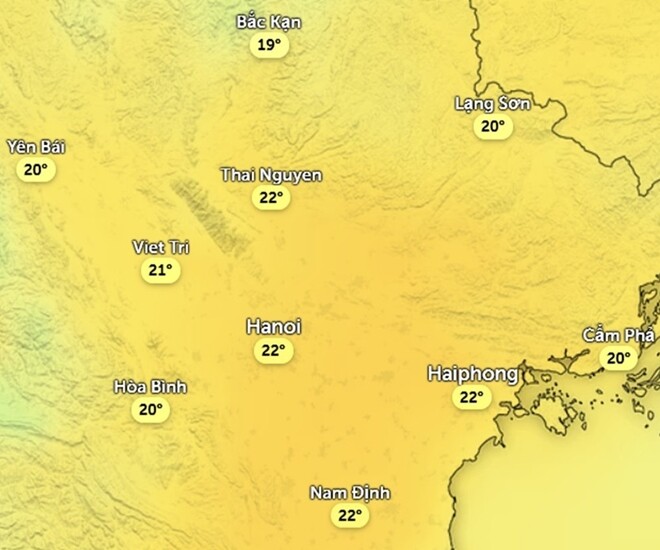 Nhiệt độ cảm nhận ở một số khu vực tại miền Bắc chiều nay, 3/2. Ảnh: Zoom Earth, OpenStreetMap, ICON.