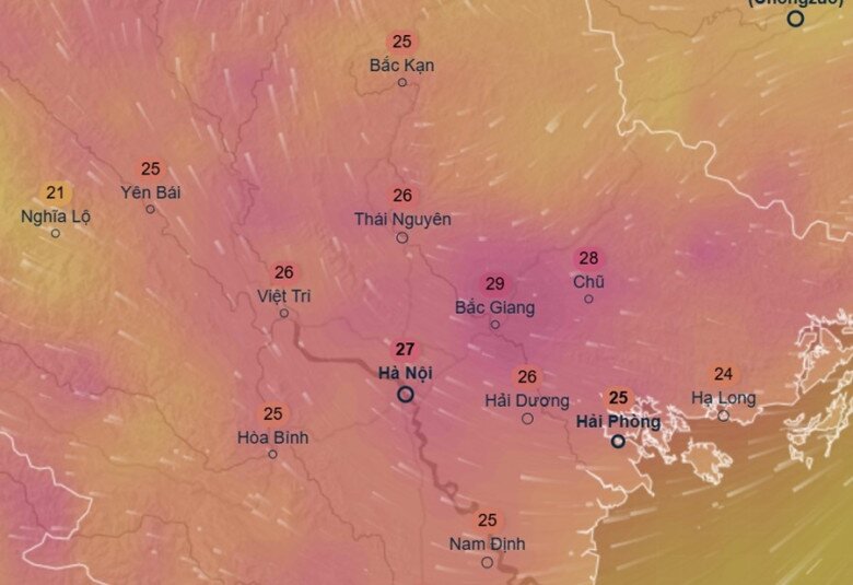Dự báo nhiệt độ cảm nhận ở một số khu vực tại miền Bắc chiều 17/2 (mùng 1 Tết). Ảnh: Ventusky, ICON.