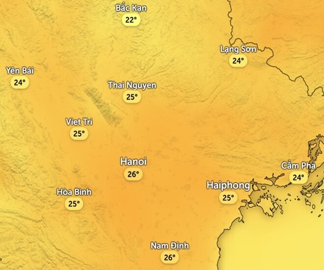 Dự báo nhiệt độ cảm nhận ở một số khu vực tại miền Bắc chiều 14/2 (là 27 Tết, cũng là ngày Valentine). Ảnh: Zoom Earth, OpenStreetMap, ICON.