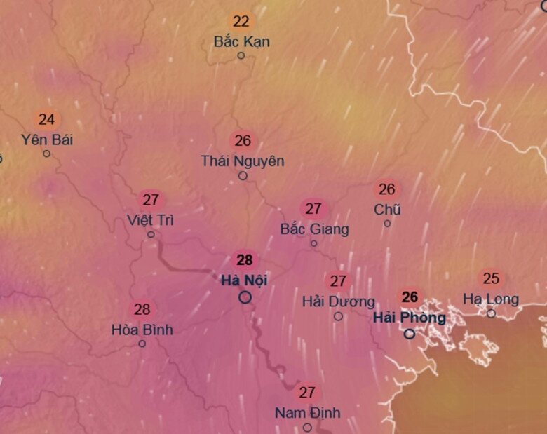 Dự báo nhiệt độ cảm nhận ở một số khu vực tại miền Bắc trưa thứ Năm tới (5/2). Ảnh: Ventusky, ICON.