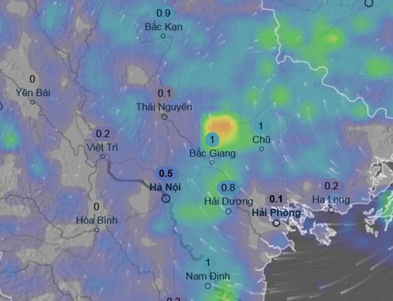 Dự báo mưa nhỏ rải rác ở nhiều khu vực tại miền Bắc vào sáng mai, 17/1. Những con số trong hình là lượng mưa dự báo trong 3 giờ. Ảnh: Ventusky, ECMWF.