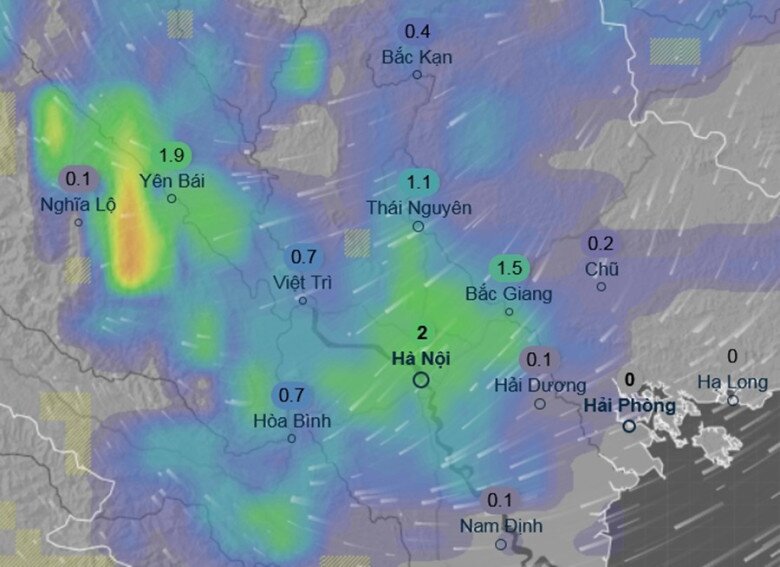 Mô hình ECMWF của châu Âu dự báo mưa ở một số khu vực tại miền Bắc, bao gồm Hà Nội, vào đêm nay (những con số trong hình là lượng mưa trong khoảng 3 giờ, tính theo mm). Ảnh: Ventusky, ECMWF.