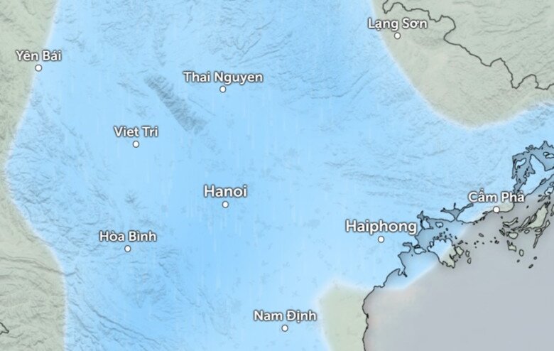 Mô hình GFS (Hệ thống Dự báo Toàn cầu của Mỹ) dự báo sáng mai mưa ở nhiều nơi tại miền Bắc, bao gồm Hà Nội. Ảnh: Zoom Earth, OpenStreetMap, GFS.