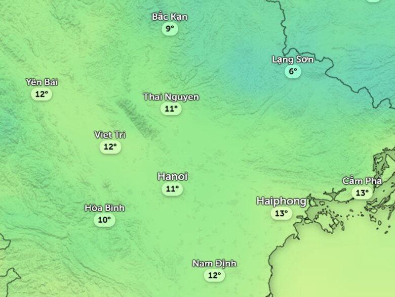 Nhiệt độ cảm nhận ở một số khu vực tại miền Bắc chiều nay: Hà Nội vẫn ở mức rét hại. Ảnh: Zoom Earth, OpenStreetMap, ICON.