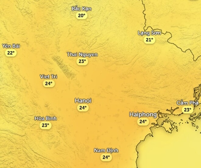 Nhiệt độ cảm nhận ở một số khu vực tại miền Bắc chiều nay, 27/1. Dự báo chiều mai cũng vậy. Ảnh: Zoom Earth, OpenStreetMap, ICON.
